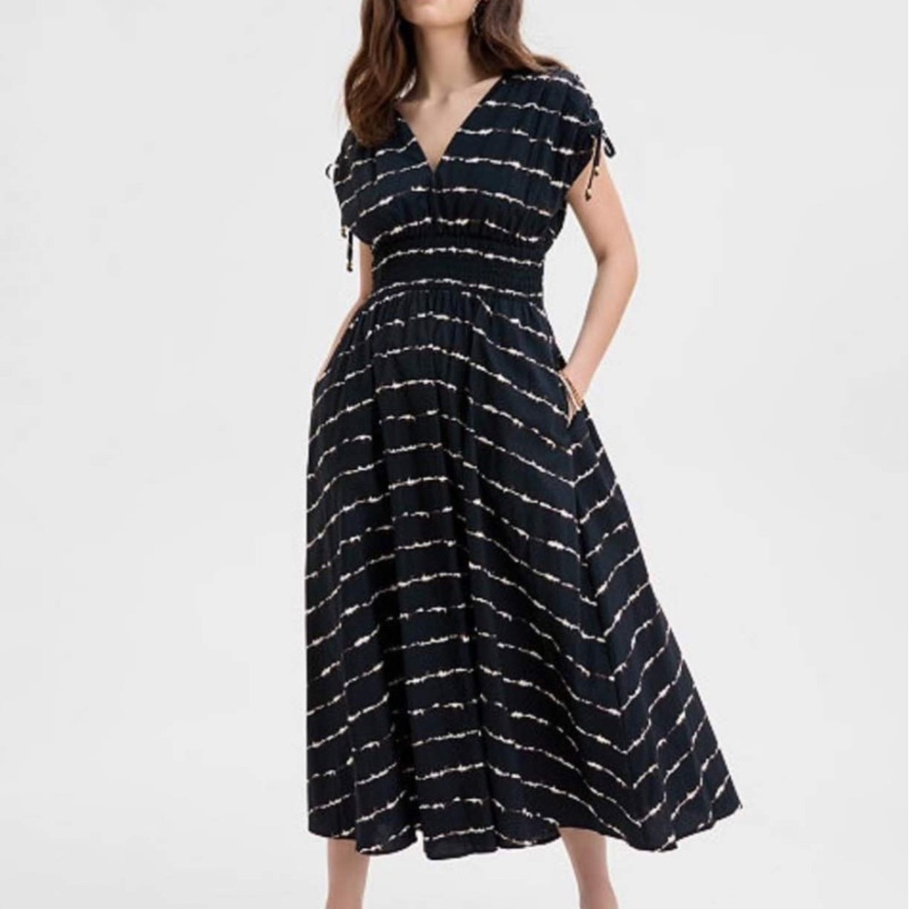 INC International Concepts Black Ikat Stripe Smocked Midi Dress XL Cotton Poplin